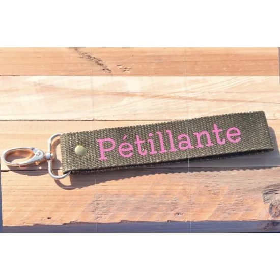 Porte-clés en sangle « Pétillante » kaki pailletée dorée | My Poupi