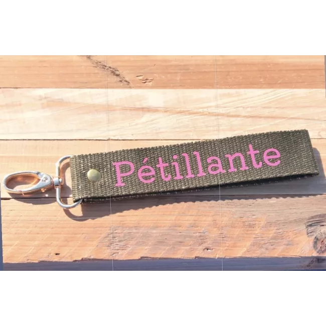 Porte-clés en sangle « Pétillante » kaki pailletée dorée | My Poupi