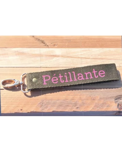 Porte-clés en sangle « Pétillante » kaki pailletée dorée | My Poupi