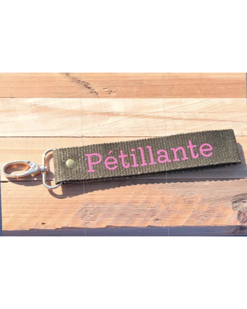 Porte-clés en sangle « Pétillante » kaki pailletée dorée | My Poupi