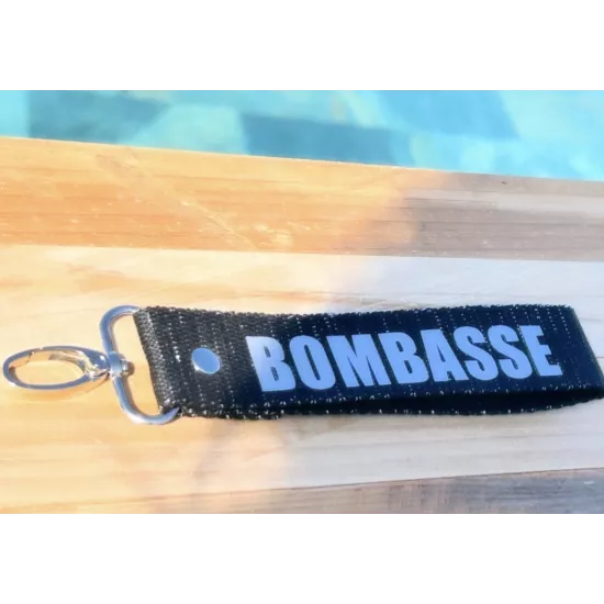 Porte-clés en sangle « Bombasse » noir pailleté argenté | My Poupi