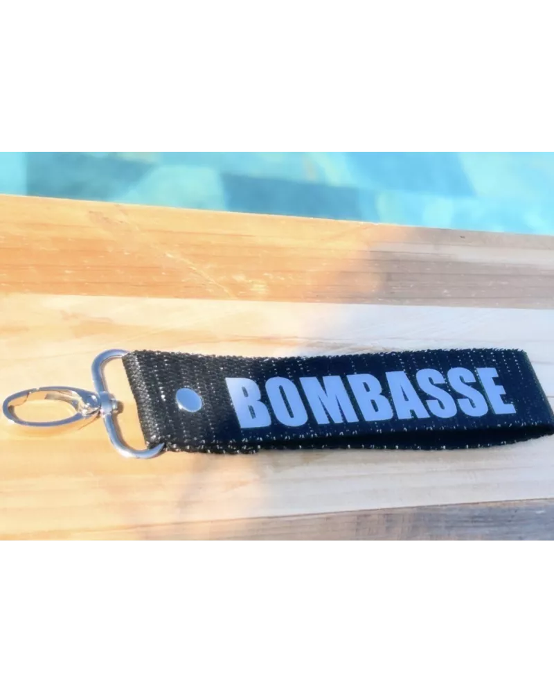 Porte-clés en sangle « Bombasse » noir pailleté argenté | My Poupi