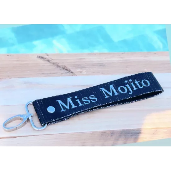 Porte-clés en sangle « Miss Mojito » noir pailleté argent | My Poupi