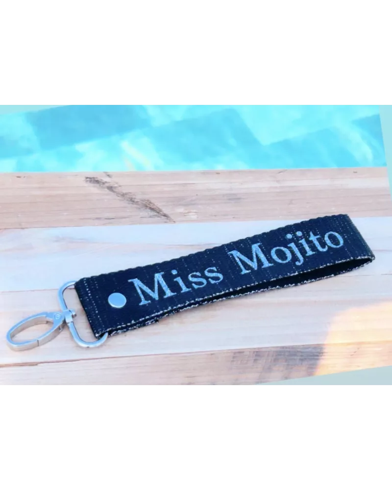 Porte-clés en sangle « Miss Mojito » noir pailleté argent | My Poupi
