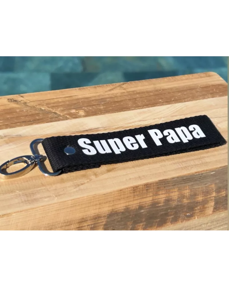 Porte-clés en sangle « Super Papa » noir et blanc | Cadeau fête des Pères