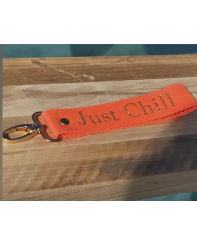Porte-clés en sangle « Just Chill » orange fluo | Création artisanale