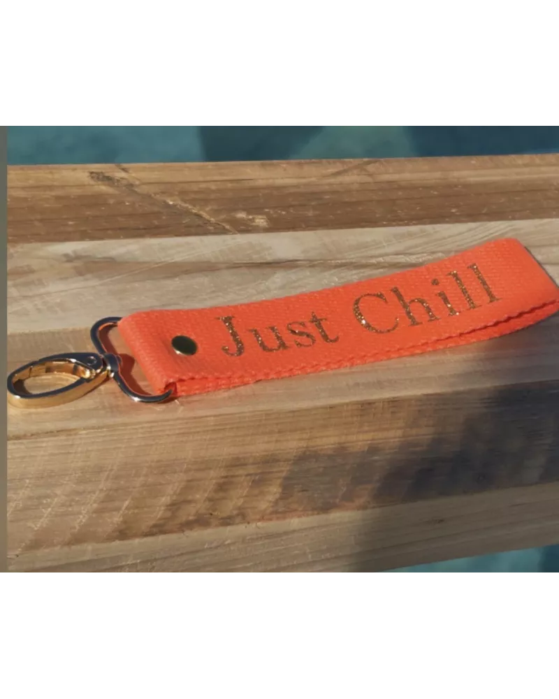 Porte-clés en sangle « Just Chill » orange fluo | Création artisanale