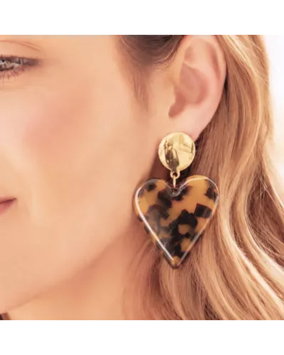 Boucles d’oreilles cœur Faustine en résine léopard et acier doré