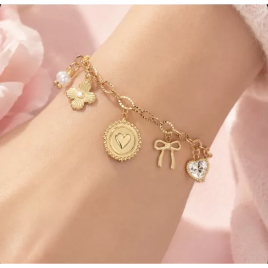 Bracelet acier doré Lilibelle à charms cœur et fleur