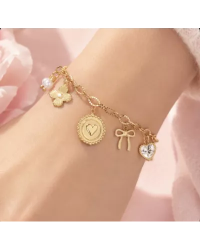 Bracelet acier doré Lilibelle à charms cœur et fleur