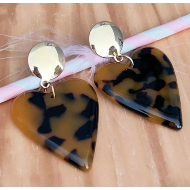 Boucles d’oreilles cœur Faustine en résine léopard et acier doré