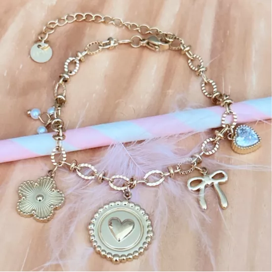 Bracelet acier doré Lilibelle à charms cœur et fleur
