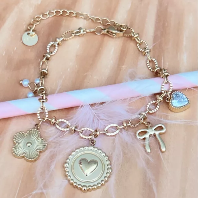 Bracelet acier doré Lilibelle à charms cœur et fleur