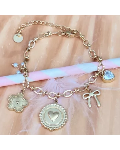 Bracelet acier doré Lilibelle à charms cœur et fleur