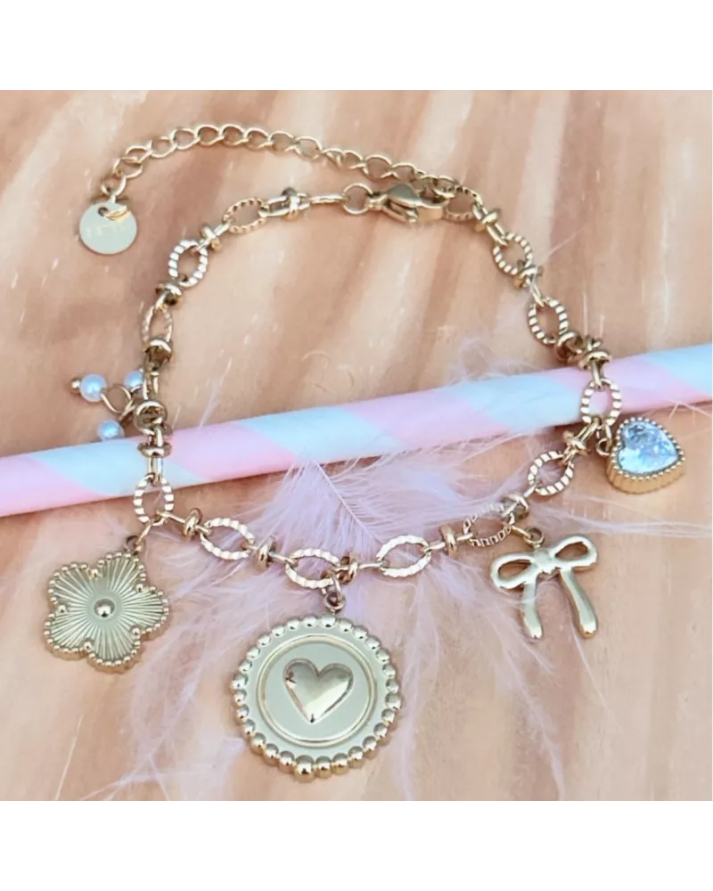 Bracelet acier doré Lilibelle à charms cœur et fleur
