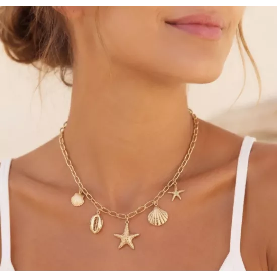 Collier Azura en acier inoxydable doré – Collier coquillages et étoiles de mer | My Poupi