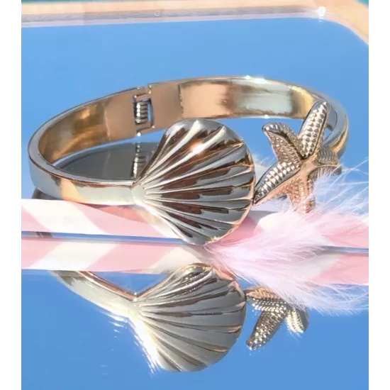 Jonc Naïa en acier inoxydable doré – Bracelet étoile de mer et coquillage | My Poupi