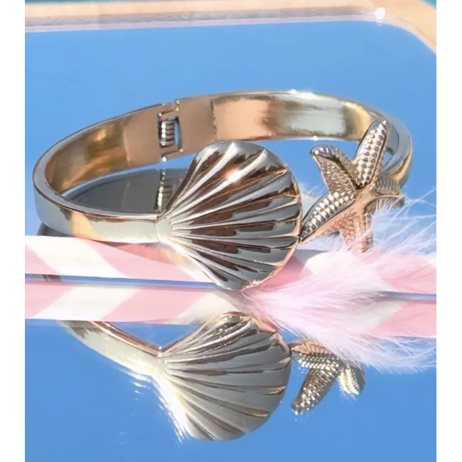 Jonc Naïa en acier inoxydable doré – Bracelet étoile de mer et coquillage | My Poupi