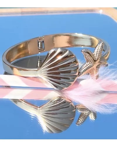 Jonc Naïa en acier inoxydable doré – Bracelet étoile de mer et coquillage | My Poupi