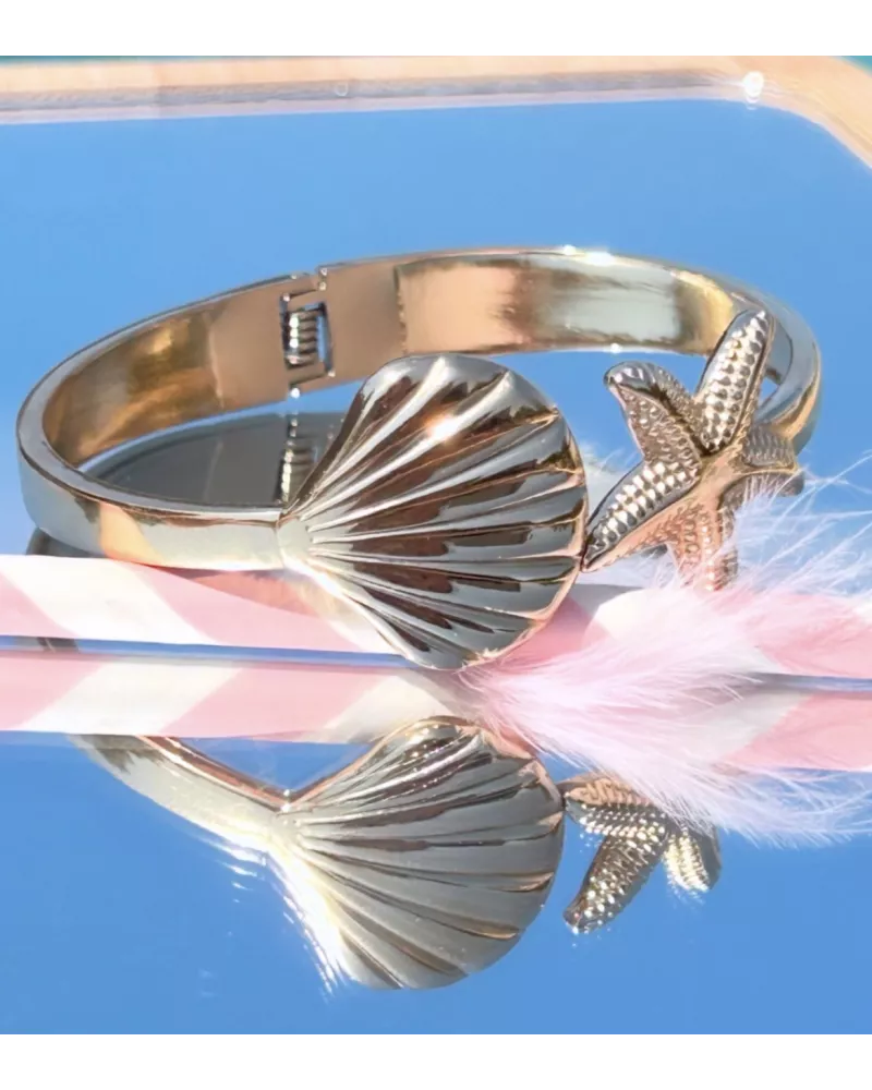 Jonc Naïa en acier inoxydable doré – Bracelet étoile de mer et coquillage | My Poupi