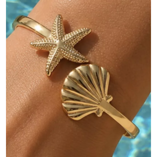 Jonc Naïa en acier inoxydable doré – Bracelet étoile de mer et coquillage | My Poupi