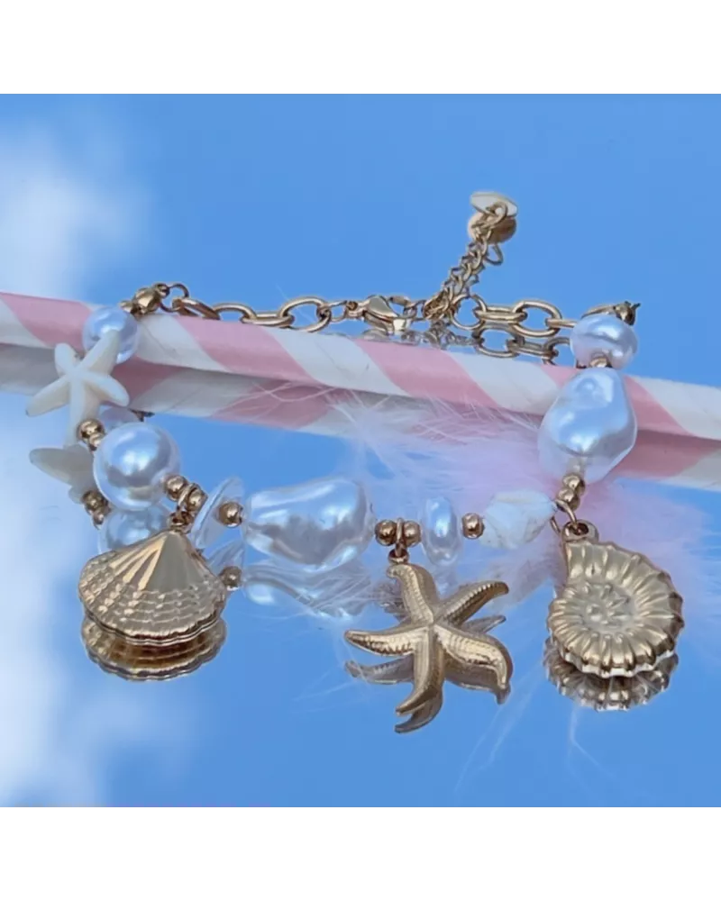 Bracelet Calie en acier inoxydable doré – Bracelet charms perles nacrées et étoile de mer | My Poupi