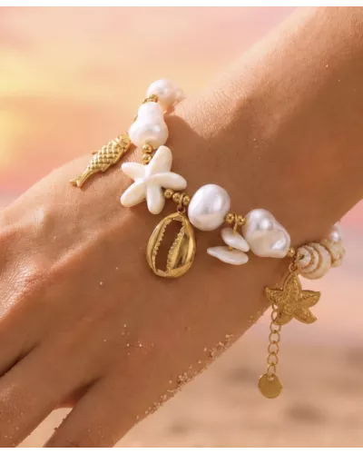 Bracelet Maïna en acier inoxydable doré – Bracelet charms coquillage, poisson et étoile de mer | My Poupi