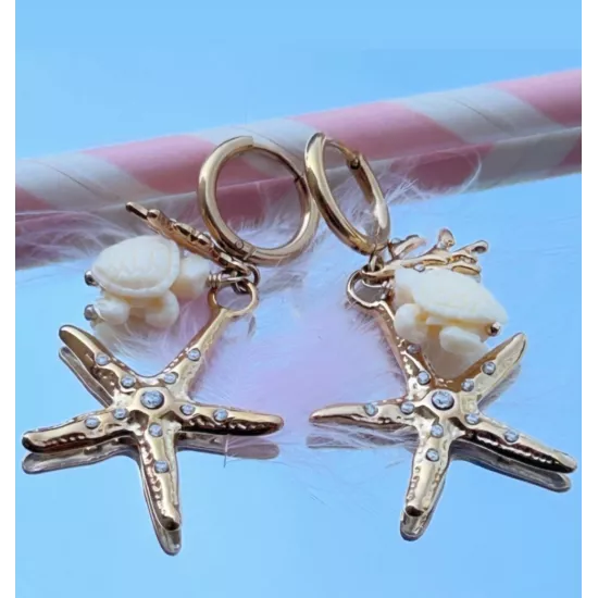 Boucles d'oreilles Honu en acier inoxydable doré – Créoles étoile de mer et tortue | MyPoupi