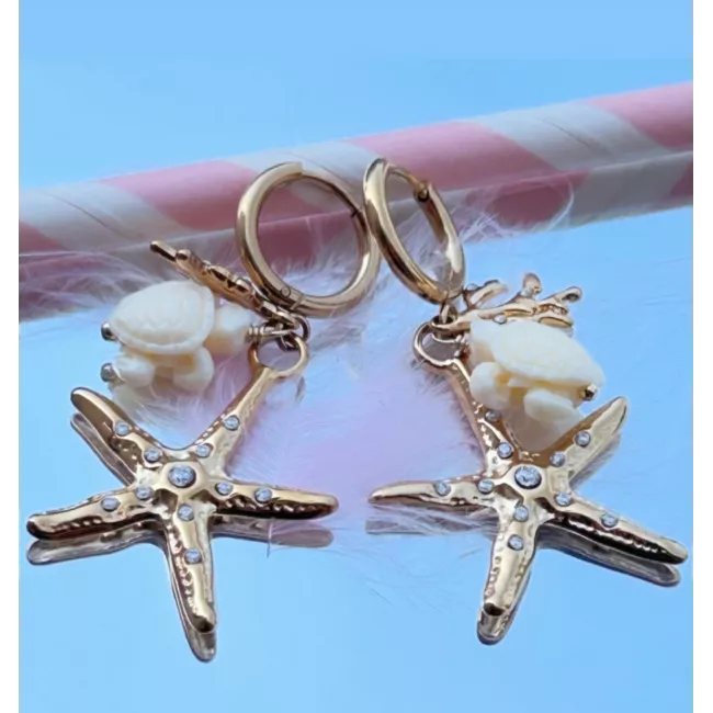 Boucles d'oreilles Honu en acier inoxydable doré – Créoles étoile de mer et tortue | MyPoupi