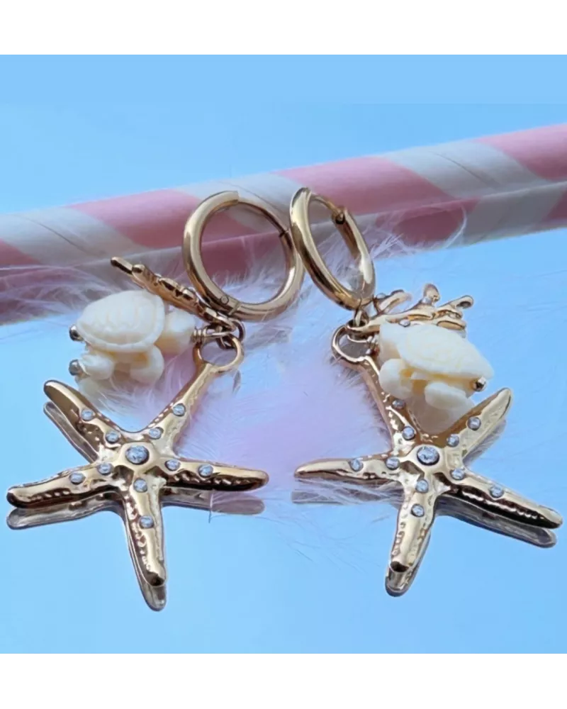 Boucles d'oreilles Honu en acier inoxydable doré – Créoles étoile de mer et tortue | MyPoupi