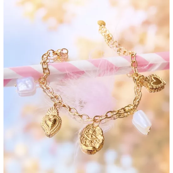 Bracelet Louna en acier inoxydable doré – Bracelet charms cœur, œil protecteur et perles nacrées | My Poupi
