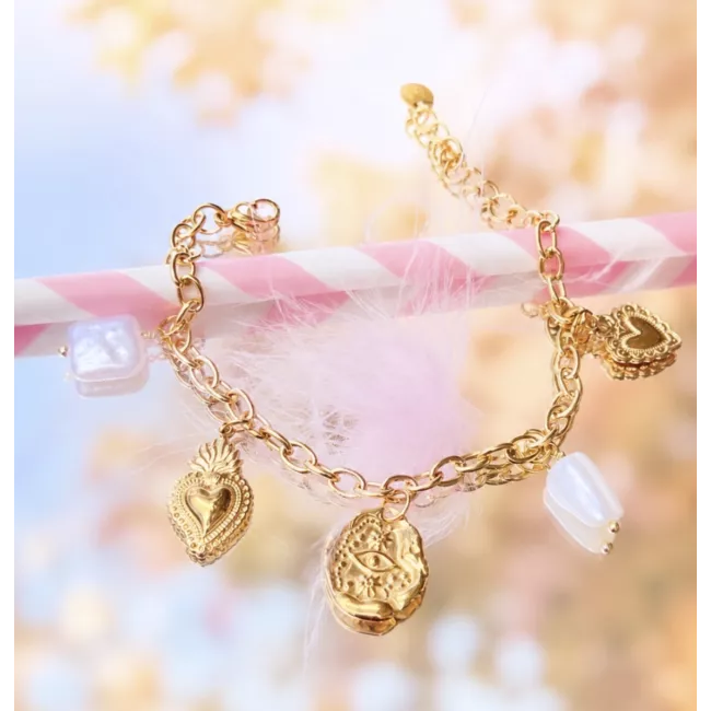 Bracelet Louna en acier inoxydable doré – Bracelet charms cœur, œil protecteur et perles nacrées | My Poupi