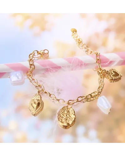 Bracelet Louna en acier inoxydable doré – Bracelet charms cœur, œil protecteur et perles nacrées | My Poupi
